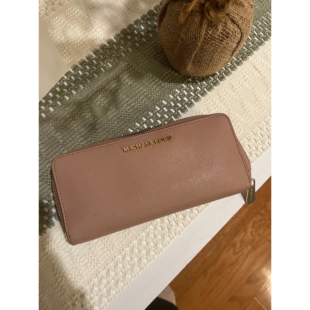 Michael Kors Zip Around Wallet Saffiano‎ Leather Rose Pink Card Holder Organizer